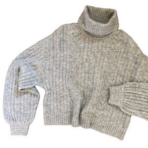 Gray Cropped Cable Knit Turtleneck Sweater Balloon Sleeves women's size small